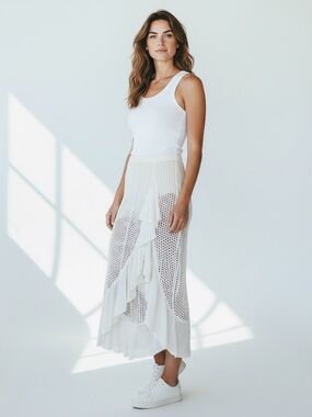 Cream Crochet Ruffle Midi Skirt